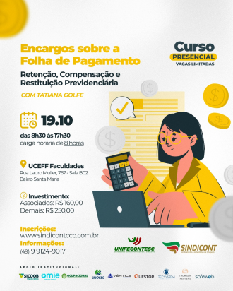Folha de pagamento, compensa&ccedil;&atilde;o e restitui&ccedil;&atilde;o previdenci&aacute;ria em novo curso do Sindicont