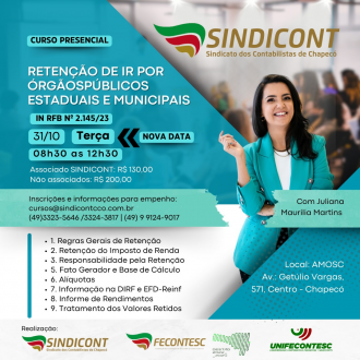 Sindicont realiza curso sobre a reten&ccedil;&atilde;o de Imposto de Renda por &oacute;rg&atilde;os p&uacute;blicos estaduais e municipais