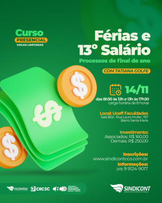 Dia 14 de novembro Sindicont Chapec&oacute; promove curso sobre f&eacute;rias e 13&ordm; sal&aacute;rio